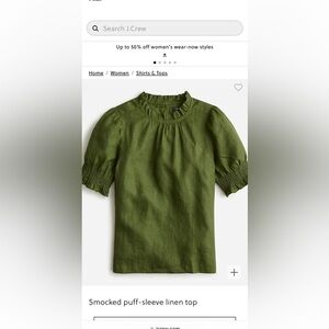 J. Crew Green Smocked Puff-Sleeve Linen Top
